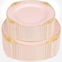 Pratos de plástico Joyido Pink com borda dourada 102 unidades para 51 convidados Pratos de plástico Joyido Pink com borda dourada 102 unidades para 51 convidados