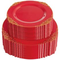 Pratos de plástico Joyido Red com borda dourada 102 unidades para festa Pratos de plástico Joyido Red com borda dourada 102 unidades para festa