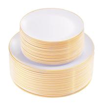 Pratos de plástico KIRE 100PCS Gold Rim White para festas/casamentos