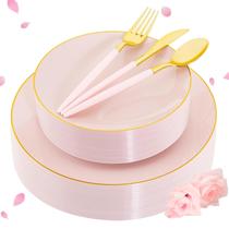 Pratos de plástico Liacere Pink com utensílios dourados 30 convidados Pratos de plástico Liacere Pink com utensílios dourados 30 convidados