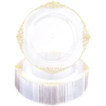 Pratos de plástico Morejoy 100 peças de ouro transparente com 26 cm de diâmetro