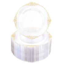 Pratos de plástico Morejoy 100 unidades de ouro transparente 19 cm de sobremesa + 19 cm