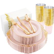 Pratos de plástico Morejoy Pink 10,25 polegadas (175 unidades) com acabamento dourado Pratos de plástico Morejoy Pink 10,25 polegadas (175 unidades) com acabamento dourado