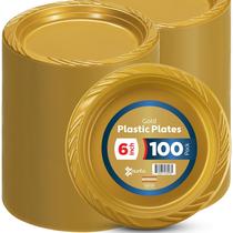 Pratos de plástico Munfix Gold de 6 polegadas, pacote com 100 para sobremesa