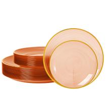 Pratos de plástico N9R Orange com borda dourada 60 unidades para festas e casamentos