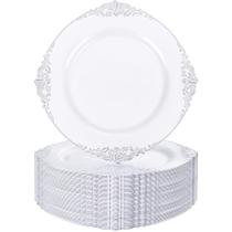Pratos de plástico Nervure branco/prata 26 cm 100 unidades para casamento