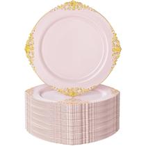 Pratos de plástico Nervure Pink com borda dourada 19 cm 100 unidades