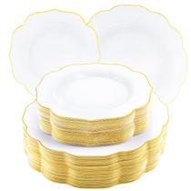 Pratos de plástico NOCCUR 120PCS brancos com borda dourada para casamento Pratos de plástico NOCCUR 120PCS brancos com borda dourada para casamento