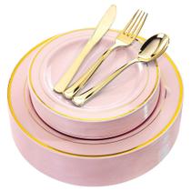 Pratos de plástico rosa BUCLA 30Guest com borda dourada - Talheres descartáveis de plástico dourado - Louça de plástico rosa e dourado para casamentos e festas, especial para o dia da Páscoa, chá de panela, dia das mães