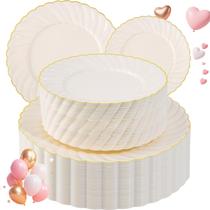 Pratos de plástico U-QE Ivory com borda dourada 100 unidades (50 para jantar em 23 cm e 50 sobremesas em 16,5 cm) Pratos de plástico U-QE Ivory com borda dourada 100 unidades (50 para jantar em 23 cm e 50 sobremesas em 16,5 cm)