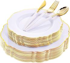 Pratos de plástico WDF 30Guest Gold Baroque Design 26 e 19 cm brancos
