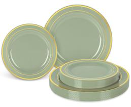 Pratos de plástico Whaline Sage Green com folha de ouro 50 unidades Pratos de plástico Whaline Sage Green com folha de ouro 50 unidades