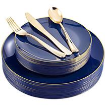 Pratos de plástico YOUBET Blue com borda dourada 125 unidades para 25 convidados