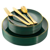 Pratos de plástico YOUBET Green com borda dourada 125 unidades para 25 convidados