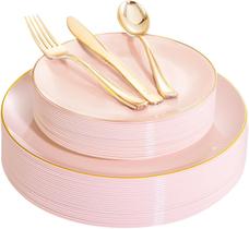 Pratos de plástico YOUBET rosa com borda dourada 125 unidades para 25 convidados