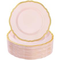 Pratos de sobremesa de plástico Hioasis Pink com borda dourada 7,5 polegadas 60 unidades Pratos de sobremesa de plástico Hioasis Pink com borda dourada 7,5 polegadas 60 unidades