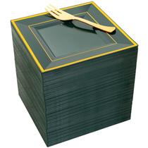 Pratos de sobremesa de plástico WDF Green & Gold 200 unidades com garfos de 15 cm