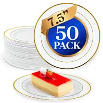 Pratos de sobremesa descartáveis Reli. 50 peças de plástico de 7,5 polegadas brancas com borda dourada Pratos de sobremesa descartáveis Reli. 50 peças de plástico de 7,5 polegadas brancas com borda dourada