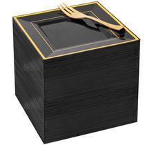 Pratos de sobremesa WDF de plástico preto e dourado, 200 unidades com garfos