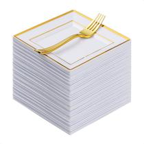 Pratos descartáveis Goodluck Gold Square com garfos 120 unidades
