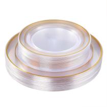 Pratos descartáveis I00000 de plástico dourado transparente 60 unidades