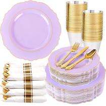 Pratos descartáveis Liacere Purple com guardanapos e talheres Pratos descartáveis Liacere Purple com guardanapos e talheres