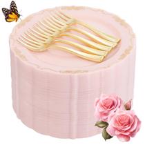 Pratos descartáveis LIYH Pink Gold 100 unidades com garfos de 7,5 polegadas