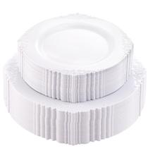 Pratos descartáveis Morejoy 100 unidades de plástico branco, 50 para jantar (26 cm) e 50% para sobremesas (19 cm)