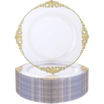 Pratos descartáveis Nervure 100 unidades transparentes/dourados 26 cm de casamento