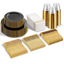 Pratos descartáveis SUT Black and Gold de 350 peças para 50 convidados