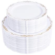 Pratos descartáveis U-QE 100PCS brancos/dourados para festas e casamentos Pratos descartáveis U-QE 100PCS brancos/dourados para festas e casamentos