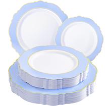 Pratos descartáveis WDF Baroque Baby Blue com borda dourada 60 unidades