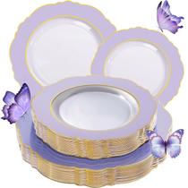 Pratos descartáveis WDF Clear Purple com borda dourada 60 unidades