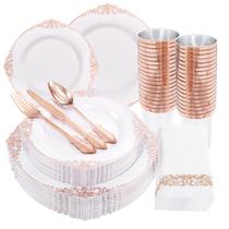 Pratos e talheres de plástico Morejoy Rose Gold 175 unidades