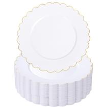 Pratos: plástico branco descartável SUT com acabamento dourado, 10,25 polegadas, 72 unidades