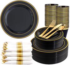Pratos pretos e dourados da Partyware WDF 350 peças com talheres Pratos pretos e dourados da Partyware WDF 350 peças com talheres
