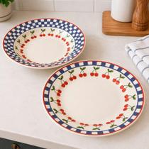 Pratos Raso e Fundo Jardim Cerejas 4 Peças Ceramica Azul e Branco Donna Pratos Raso e Fundo Jardim Cerejas 4 Peças Ceramica Azul e Branco Donna