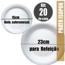 Pratos refeição 23cm e sobremesa 15cm termico, isopor resistente e pratico kit com 20 unidades
