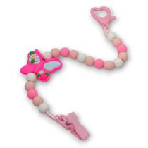 Prendedor de Chupeta em Bolinhas Emborrachadas Borboleta Rosa