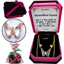 Presente Aniversário Esposa Maravilhosa Colar Feminino Borboleta + Caixinha Veludo + Dedicatória + Brincos