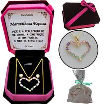 Presente Aniversário Esposa Maravilhosa Colar Feminino Coração Caixinha Veludo Brincos Dedicatória