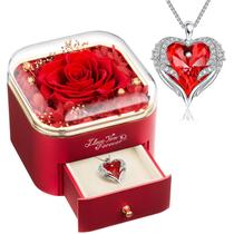Presente com colar de rosa vermelha preservada com asas de anjo NEWNOVE Presente com colar de rosa vermelha preservada com asas de anjo NEWNOVE