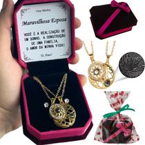 Presente Esposa Maravilhosa Colar Eu Te Amo 100 Idiomas Sol Lua 2 em 1 Veludo Exclusiva