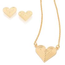 Presente Feminino Dia Das Mães Colar + Brincos Coração Trabalhado Banhados A Ouro 18k