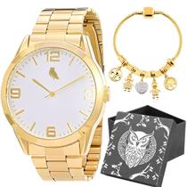 Presente feminino: Relogio dourado aço inox banhado 18k + pulseira pandora + caixa mãe coruja - Orizom