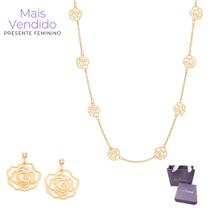 Presente Feminino Rommanel Kit Colar Brincos Rosas Vazadas Banhados A Ouro 18k