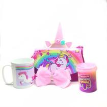 Presente Menina Kit Unicórnio Bolsa Copo Slime Laço Tiara