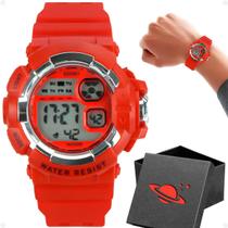 Presente Menino Relógio Infantil Digital Kids Vermelho com Luz LED Data Alarme Pulseira Silicone Caixa Premium Temática Planeta