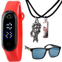 Presente Ninja: Relógio Digital LED Vermelho + Colar Duplo Amigos Naruto + Óculos de Sol
