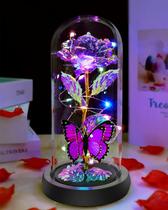 Presentes de aniversário para mulheres, presentes de flores para mulheres, mãe dela, flor de rosa Galaxy Crystal Light Up em uma cúpula de vidro, presentes de rosas de Natal, esposa, avó, irmã, borboleta, roxo